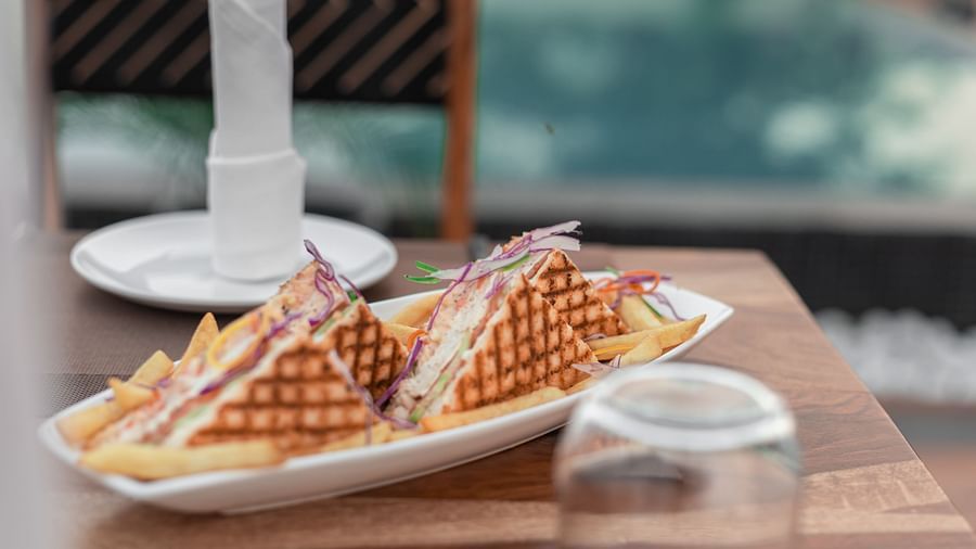 Grilled sandwiches with fries, garnished with colourful slaw, served by the poolside at The Bridge, Clarks Inn Suites Jaipur