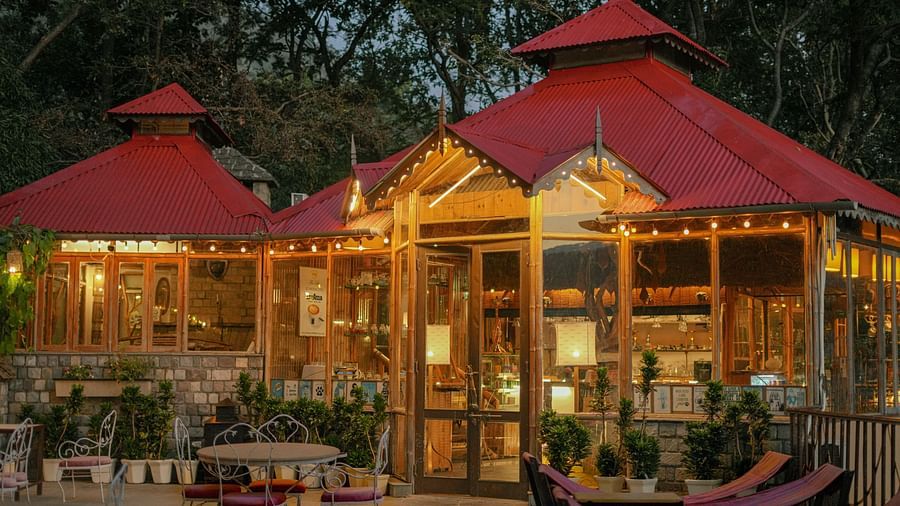 An outdoor gazebo with seating and a view of trees in the background.