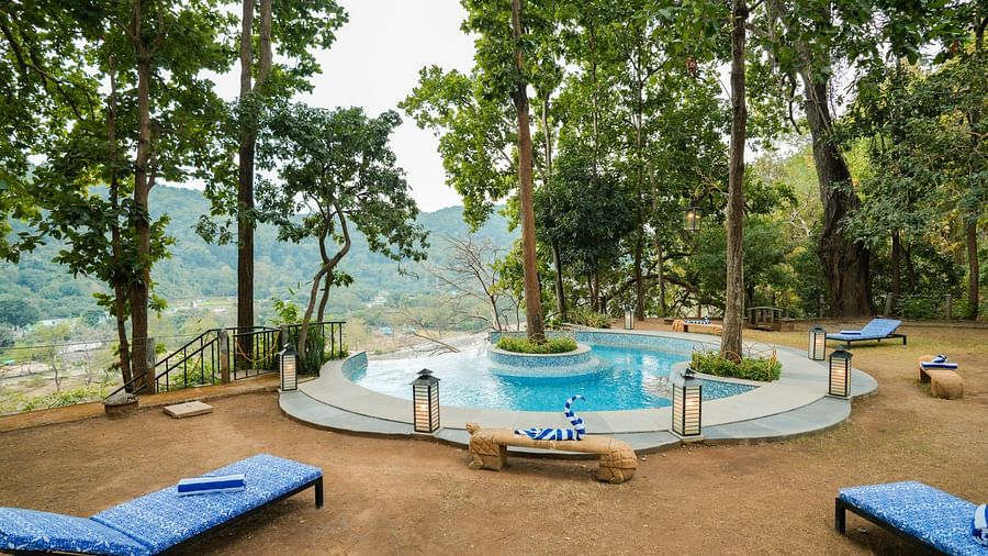 A patio with lounge chairs and a small pool feature, surrounded by tall trees.