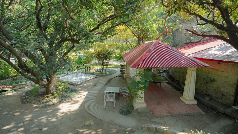 A building with a red umbrella and a stone path, surrounded by trees and greenery.