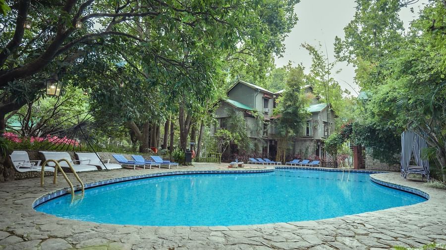 A swimming pool with trees and buildings in the background.