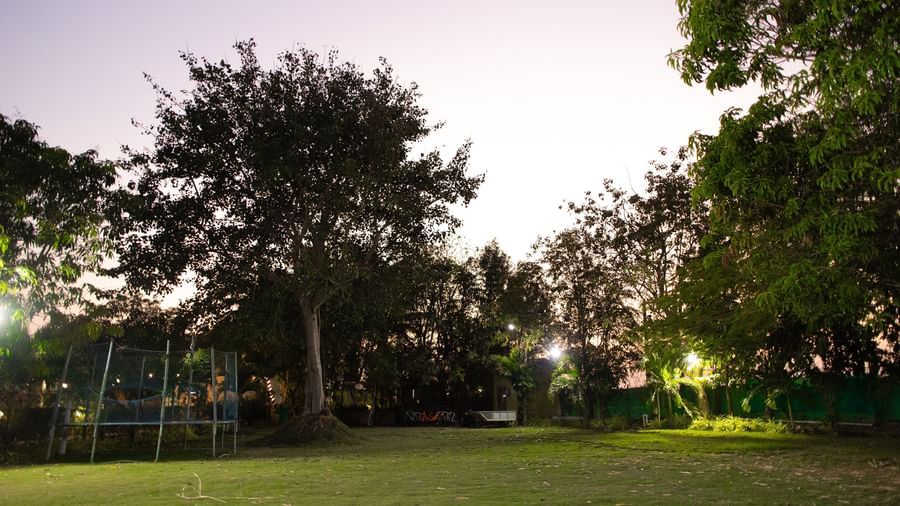 A large, open green lawn at dusk with scattered trees and a playground at Daksh Resort & Amusement Park, Sasan Gir.