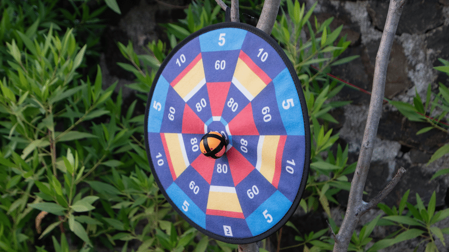 A colourful dartboard mounted on a tree in the garden, offering recreational fun for guests - Daksh The Nirvana Retreat, Pavagadh