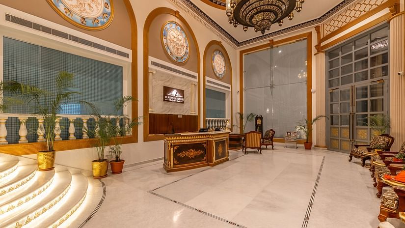 an image of the hotel reception with steps and good interiors