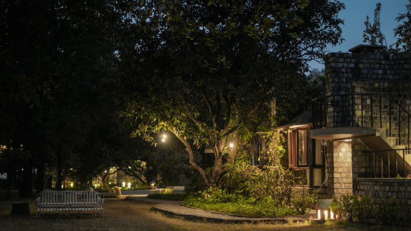 A path leading to a building at night, lit by streetlights, trees surrounding.