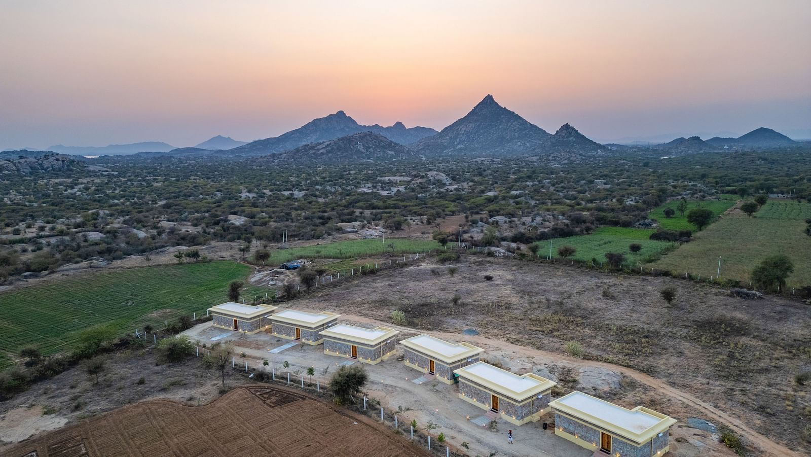 Aerail view of KURJA Jawai with mountians in the background