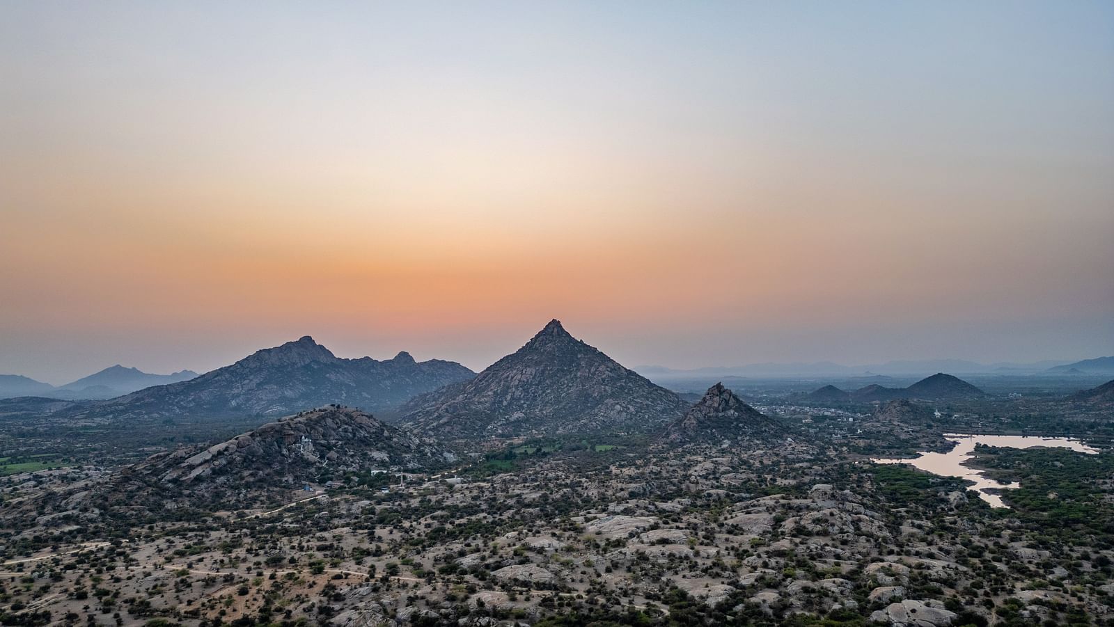 Aerial view of Jawai with sun setting in the background