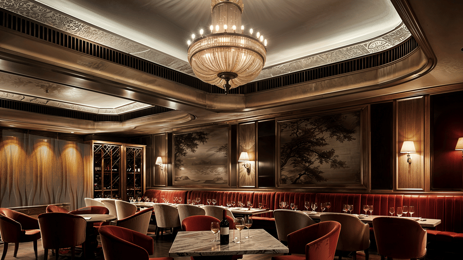 A restaurant featuring cushioned chairs, a chandelier, and a sophisticated set up.