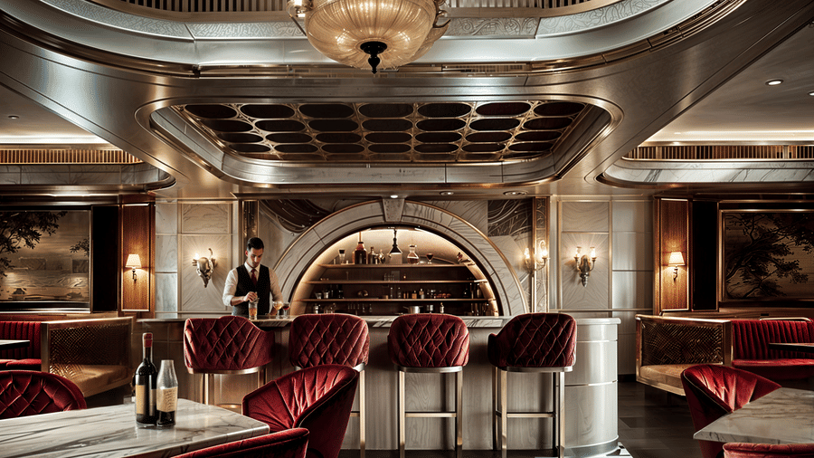 A bartender handling a drink at a bar with chairs at the counter, chandelier, and dining tables.