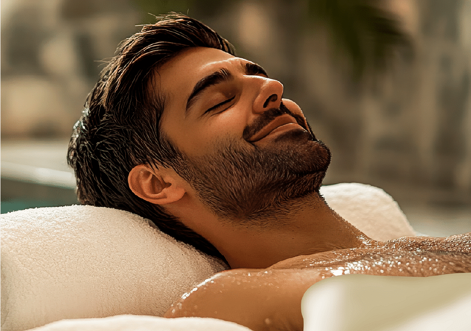 A man peacefully laying down and resting his head on a pillow  with a serene background