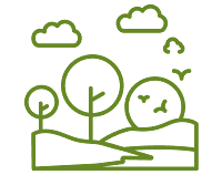 Line art icon of a natural landscape with trees, hills, a river, clouds, and birds, representing a scenic outdoor environment.