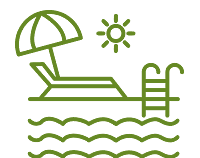 Line art icon of a swimming pool with a ladder, a sun lounger under an umbrella, and a sun overhead, representing a poolside relaxation area.