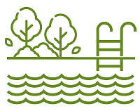 Line icon of a swimming pool with ladder and garden trees in the background.