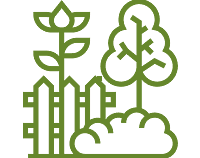 A stylized depiction of a plant, a tree, a fence, and a cloud, representing a garden or outdoor area.