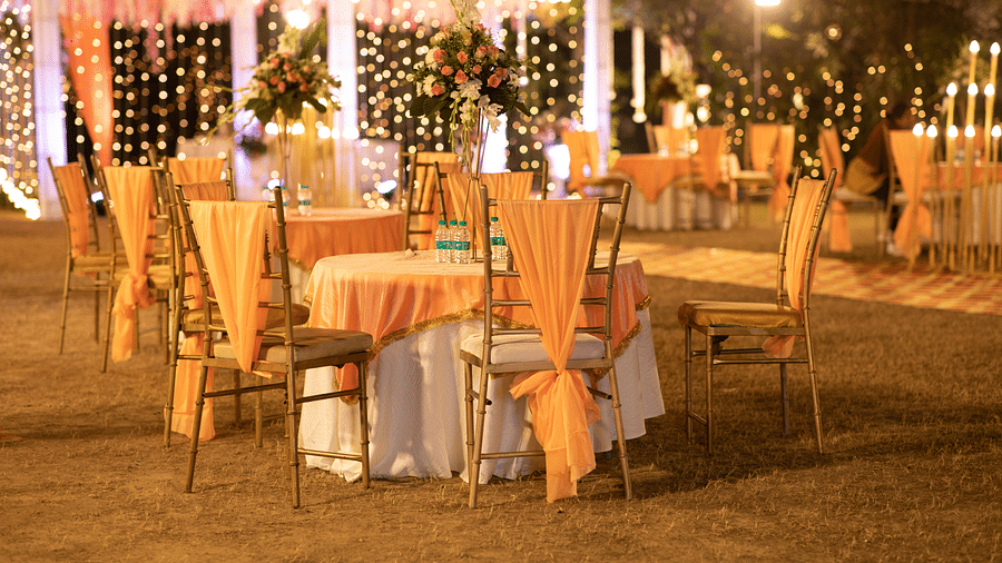 Dining arrangement in the lawn at Saraca Hotel, Lucknow at night