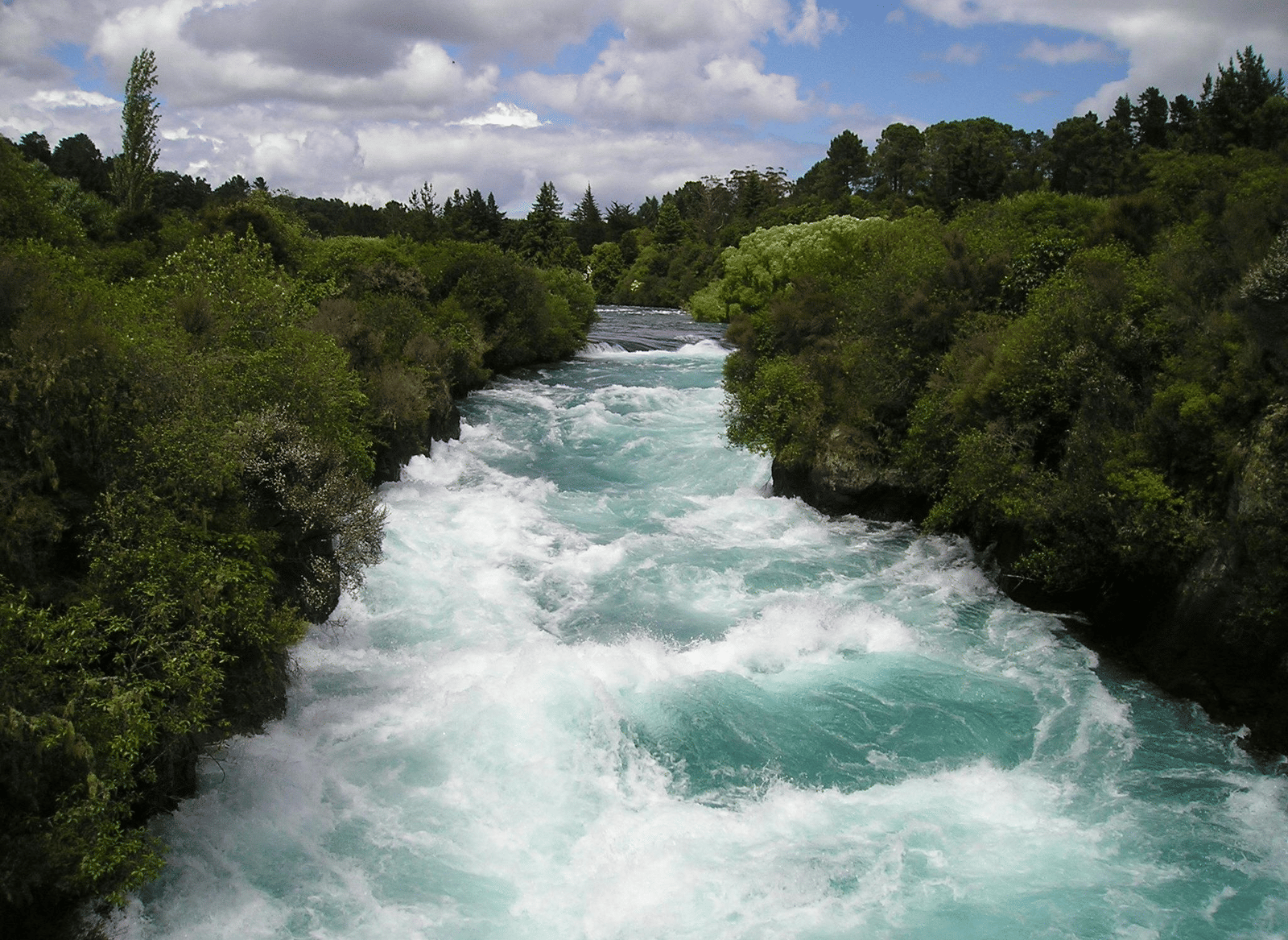 A river flowing rapidly through a rocky gorge and dense foliage under a cloudy sky.