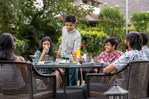 A group of people sitting together.