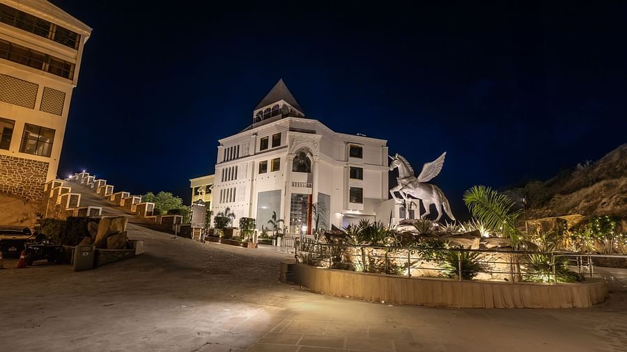 A night view of the facade of the hotel