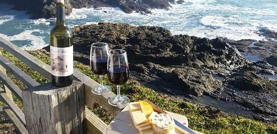 Bottle and glasses kept on top of a railing with a sea as a background.