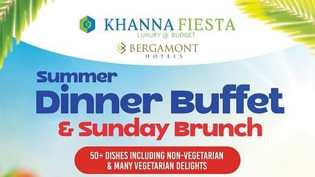 Promotional poster for Khanna Fiesta’s Summer Dinner Buffet and Sunday Brunch featuring an array of food dishes, including fries, nuggets, and desserts. The poster highlights Rs. 499 pricing, free meals for kids under 10, and kids’ activities like dessert 