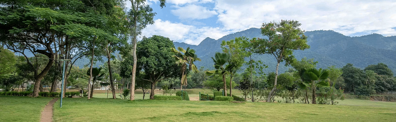 A lawn area with an array of trees and majestic mountain ranges in the backdrop