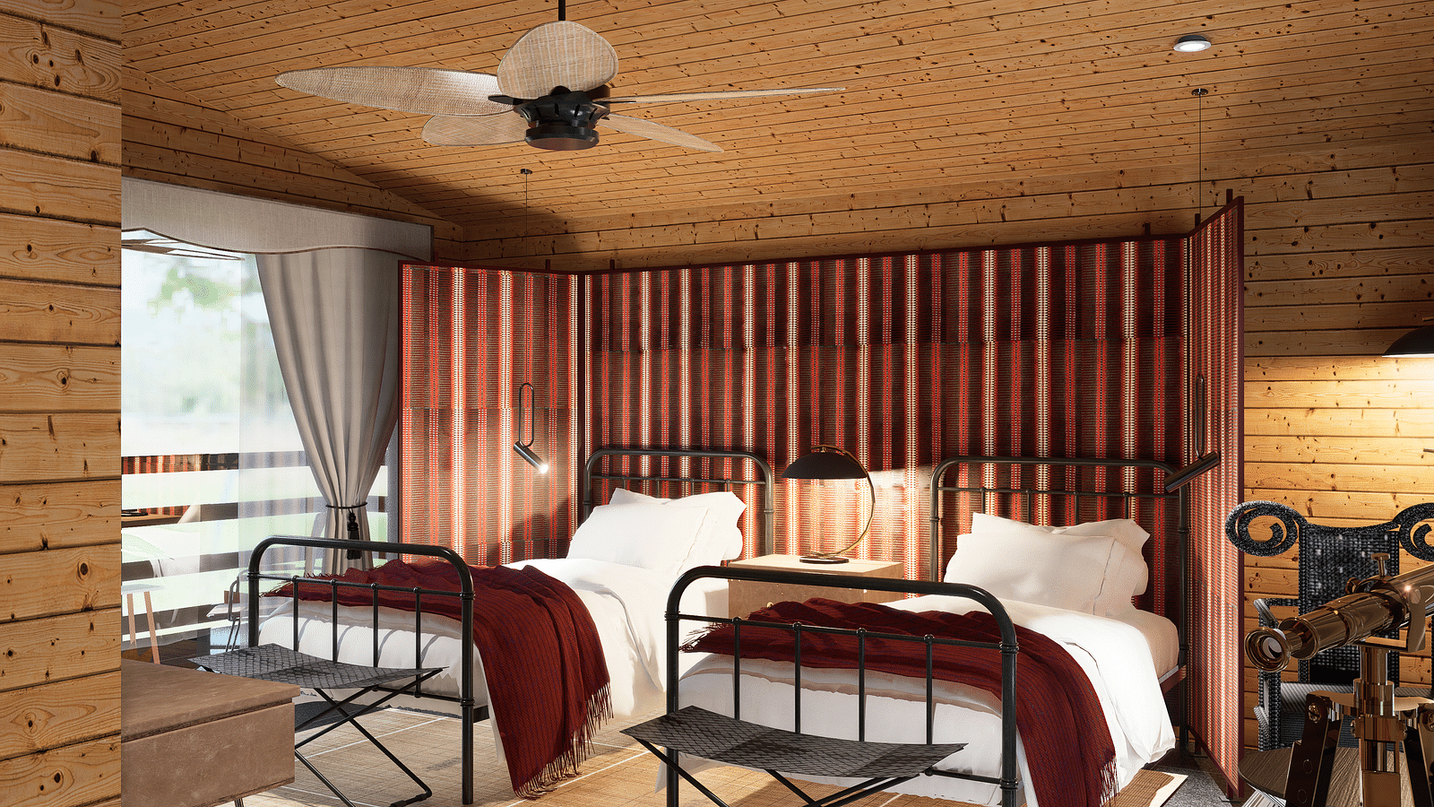 A bedroom with twin beds, a ceiling fan, a striped partition, and a window with curtains - Rhino and River BluSalzz Collection, Pobitora