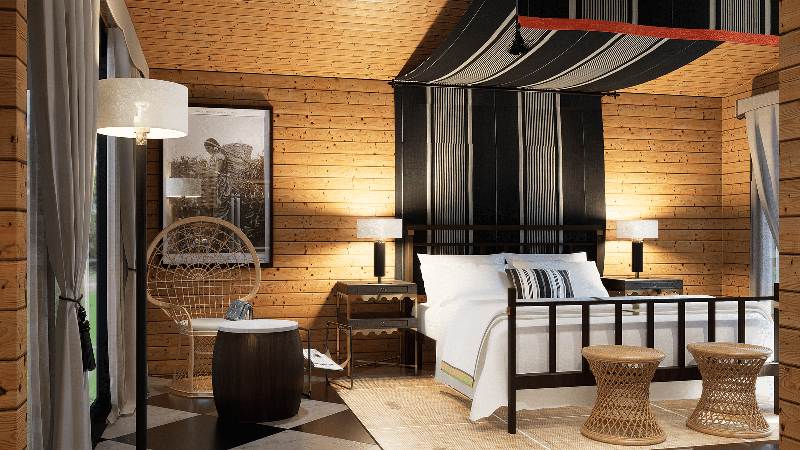 A bedroom with a bed, lamps, patterned drapes, a chair, and a chequered floor - Rhino and River BluSalzz Collection, Pobitora