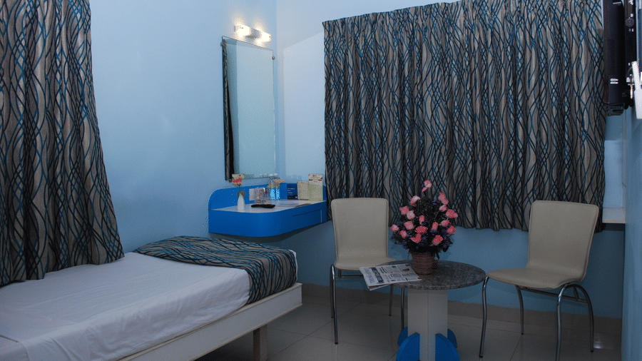 A budget-friendly single hotel room featuring a single bed, small seating area with 2 chairs, and blue walls - Hotel Pandian