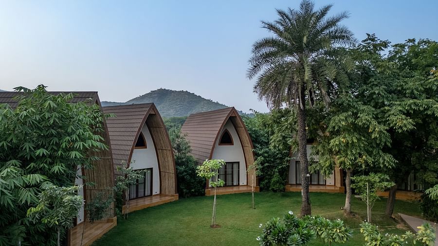 An image of a hut style villas amidst the palm trees in a resort