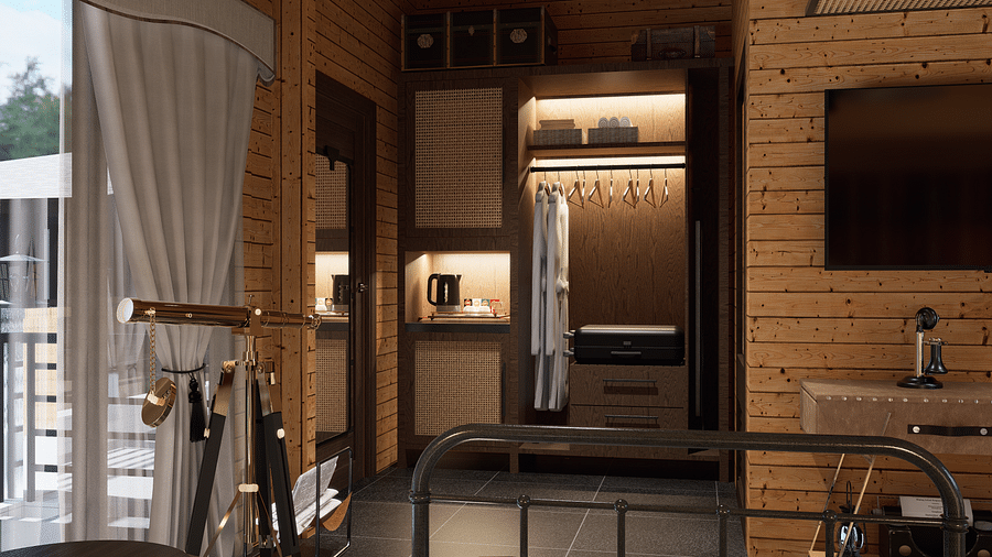 A bedroom with a wardrobe, hanging clothes, a television, and a balcony with a curtained door - Rhino and River BluSalzz Collection, Pobitora