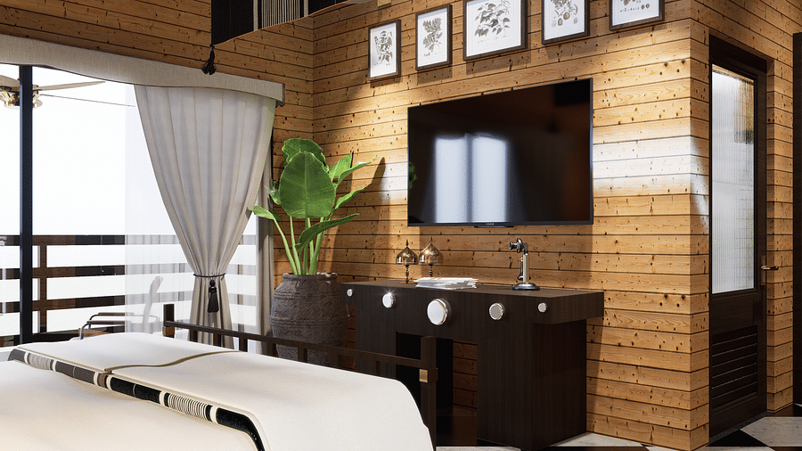 A bedroom with a bed, television, framed pictures, and a plant against a wood panelled wall - Rhino and River BluSalzz Collection, Pobitora