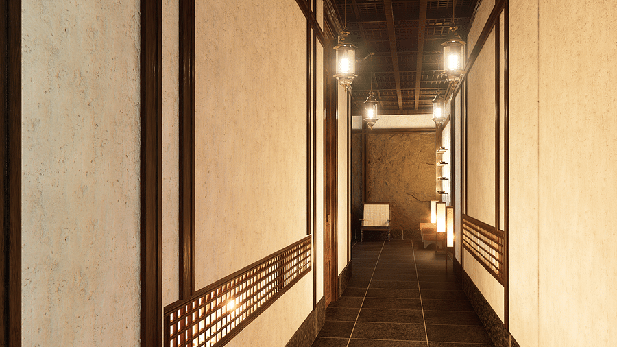 A narrow hallway with panels, railings, and lights along the walls - Rhino and River BluSalzz Collection, Pobitora