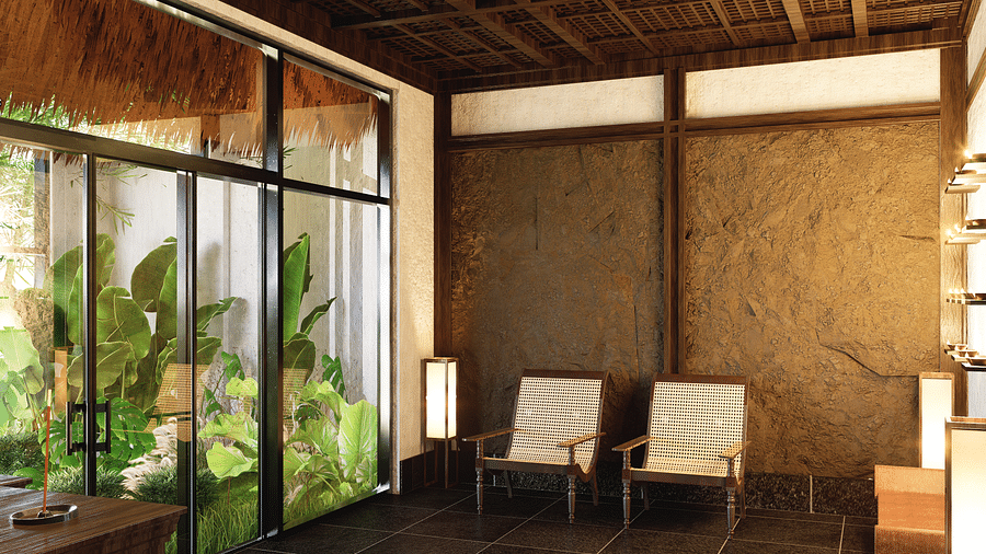 A room with two chairs, a glass wall leading to greenery, and a textured wall with built-in shelves - Rhino and River BluSalzz Collection, Pobitora