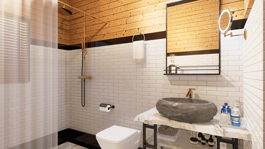 A bathroom interior with a stone sink, toilet, shower curtain, and wooden ceiling - Rhino and River BluSalzz Collection, Pobitora