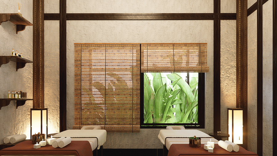 A room with two massage tables, blinds covering a window with foliage, and framed partitions - Rhino and River BluSalzz Collection, Pobitora