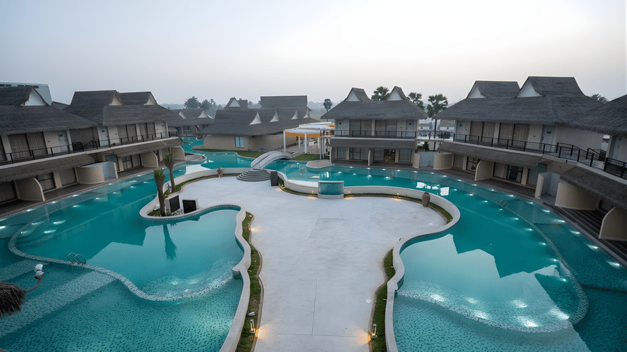 An overhead view shows the expansive, curved swimming pool winding around the white villa buildings at Avanya Resorts N Retreat.