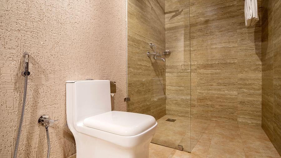 A bathroom with a commode and a separate shower cubicle by the side - Stone Wood Nature Resort, Gokarna