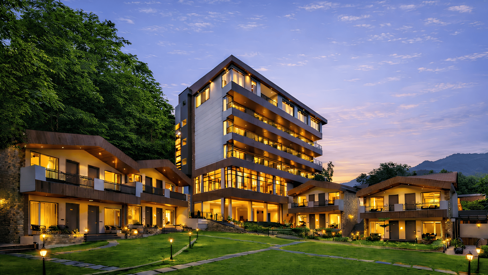 Divine Hotel front photo with garden area