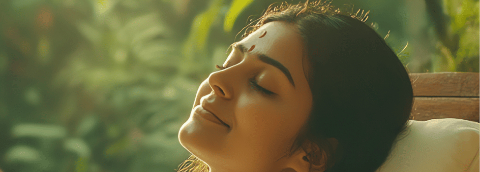 A woman sitting peacefully in a soft cushioned chair with her eyes closed, next to a table holding a copper bowl and a flower, with greenery in the background