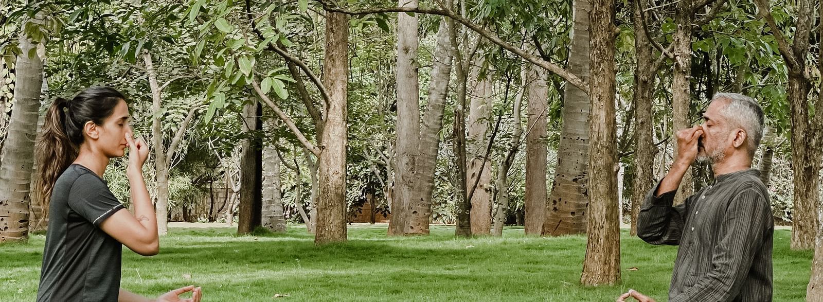 People doing yoga poses under trees, outdoor setting.