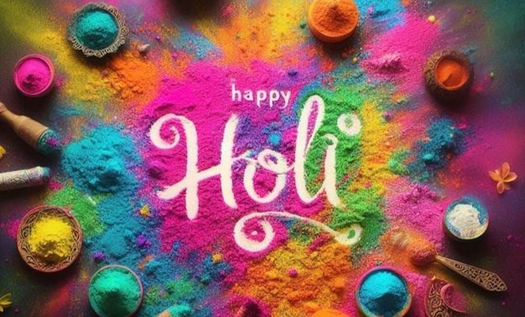Vibrant Holi celebration image showcasing an array of colourful powders in bright hues