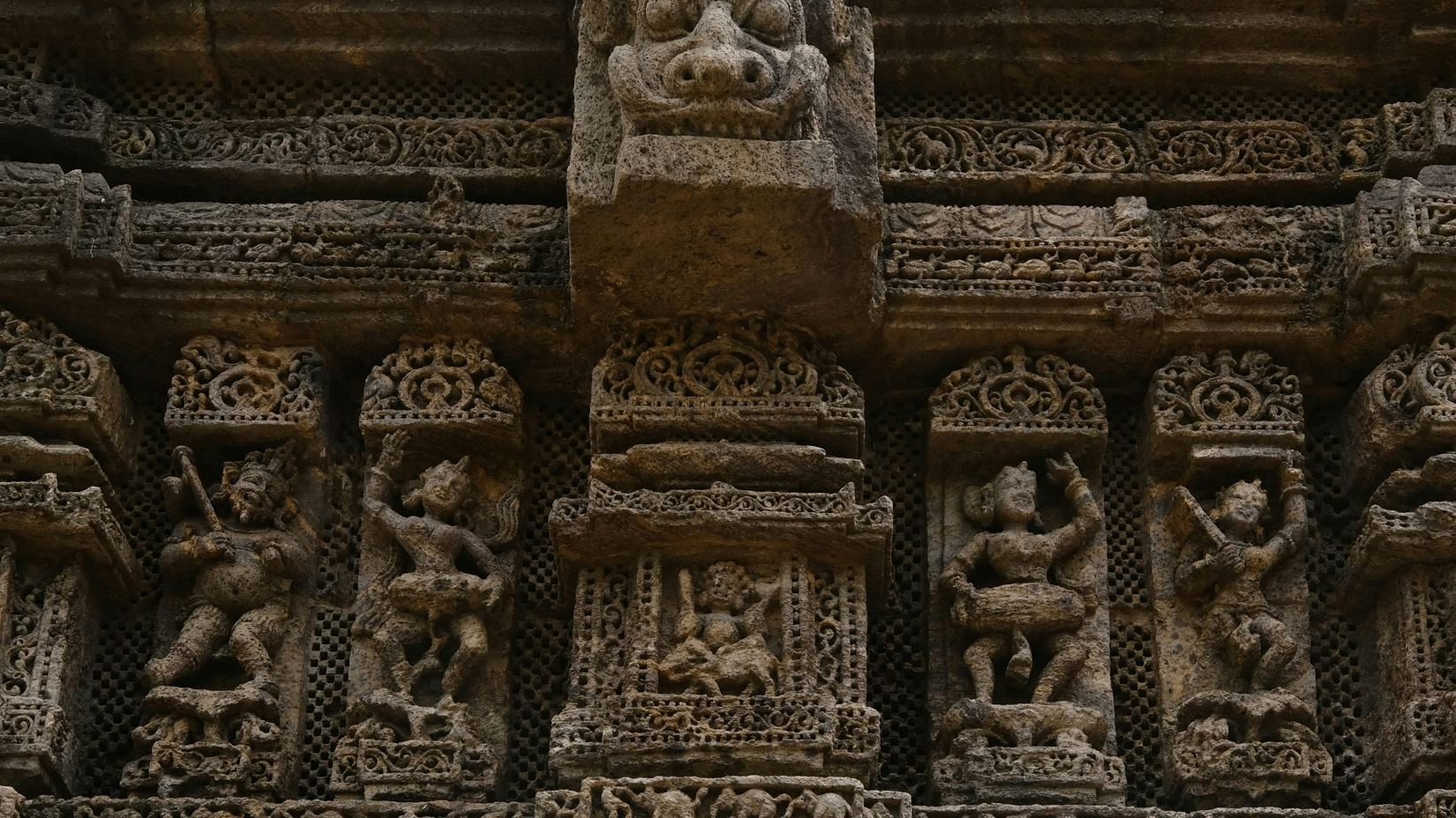 A close up shot of the intricate carvings of the temple.