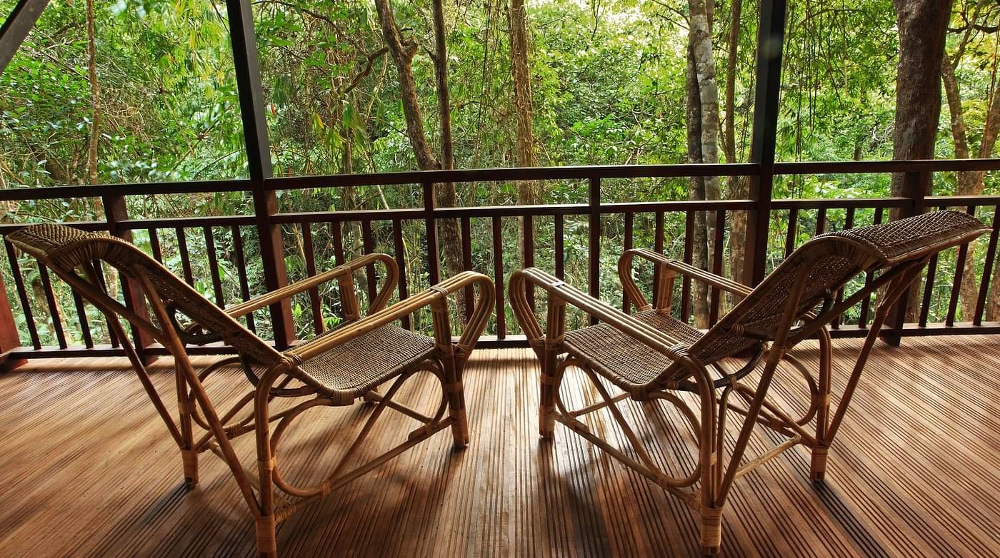 A back view of two chairs placed in a balcony with forest views | Vythiri Resort. Wayanad