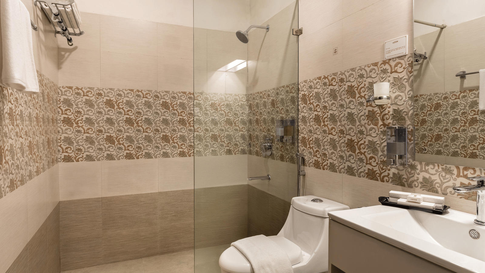 A washroom of Premium Valley View Room at Summit North Star, Gangtok featuring a wash basin, a commode, a shower area with shower head and glass screen, and some toiletries.