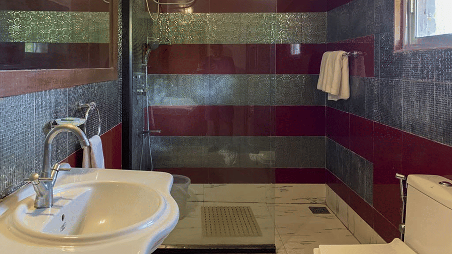 Bathroom with a white washbasin and glass-enclosed shower featuring dark red and grey tiled walls.