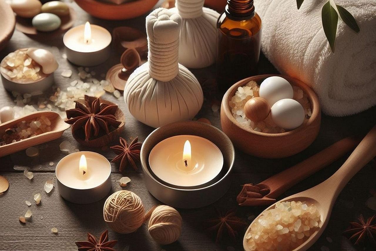 Aromatherapy and Ayurvedic spa setup featuring herbal compresses, essential oils, candles, sea salt, and natural wellness ingredients on a wooden surface.