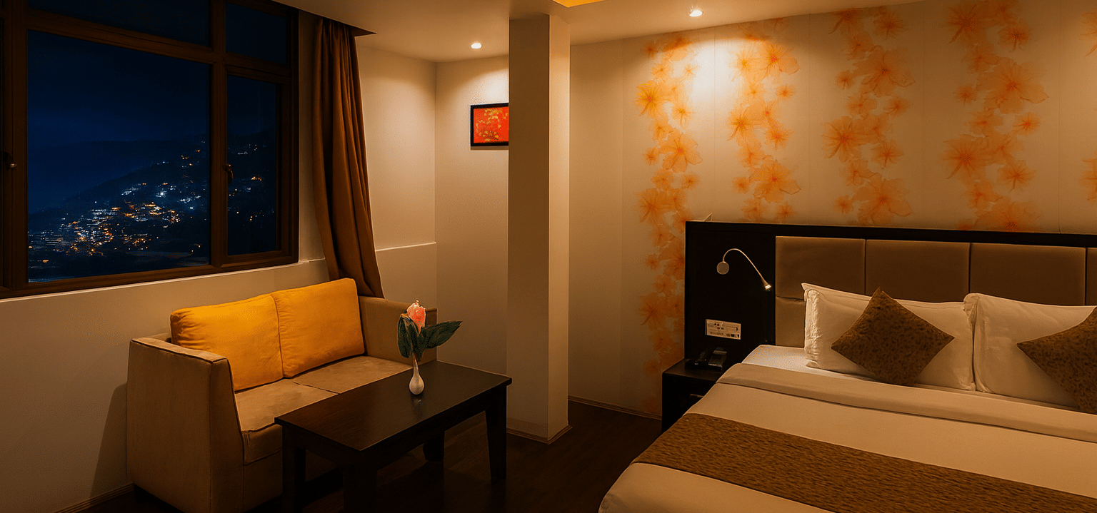 Stylish 3-star hotel room in Gangtok with cozy king-size bed, warm lighting, sofa seating, and large window offering night view of mountains and city lights