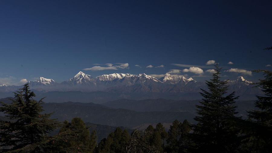 Snow-capped mountains framed by lush green trees under a clear sky - BluSalzz Escapade - Anant Rasa Resort