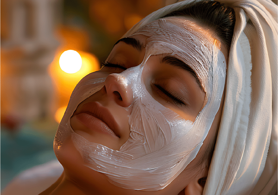 A woman with a wrap covering her head, face pack applied on her face and resting her head on a pillow