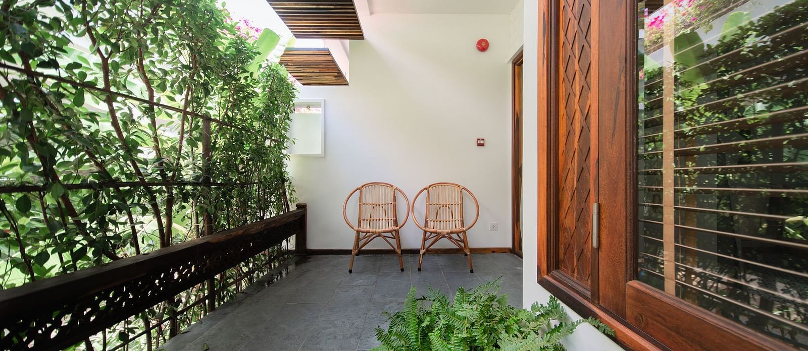 A balcony with lush green trees and comfortable wooden chairs to relax on - Alibu Resort Nha Trang